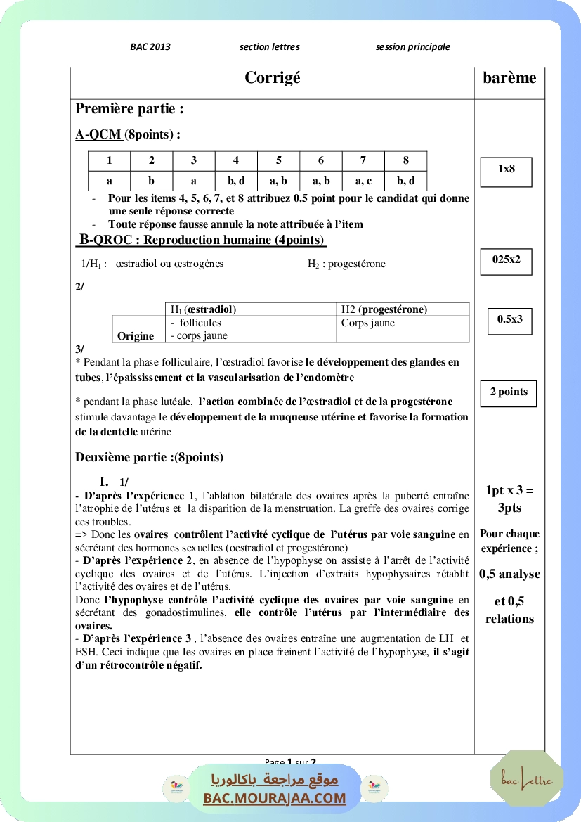 Corrigé principale svt Bac 2013 – Section lettre